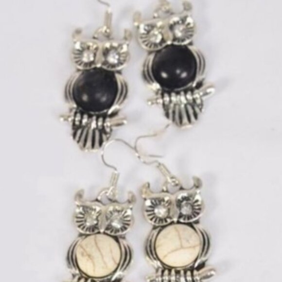 Antique Silver  Owl Black Semiprecious Stone Earrings Tribal indigenous NEW - Picture 5 of 5